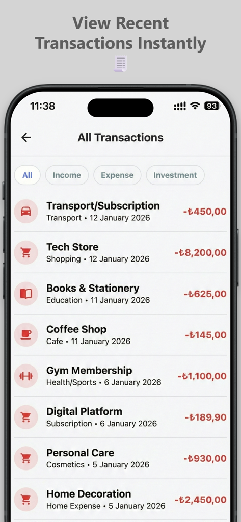 Expense Tracker – Daily Budget - Pantalla de la aplicación móvil que muestra una lista de transacciones recientes categorizadas y gastos diarios.