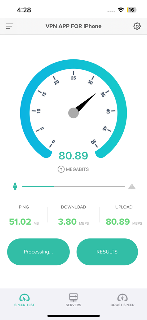 VPN Secure Proxy and WIFI app speed test results screen showing download and upload performance