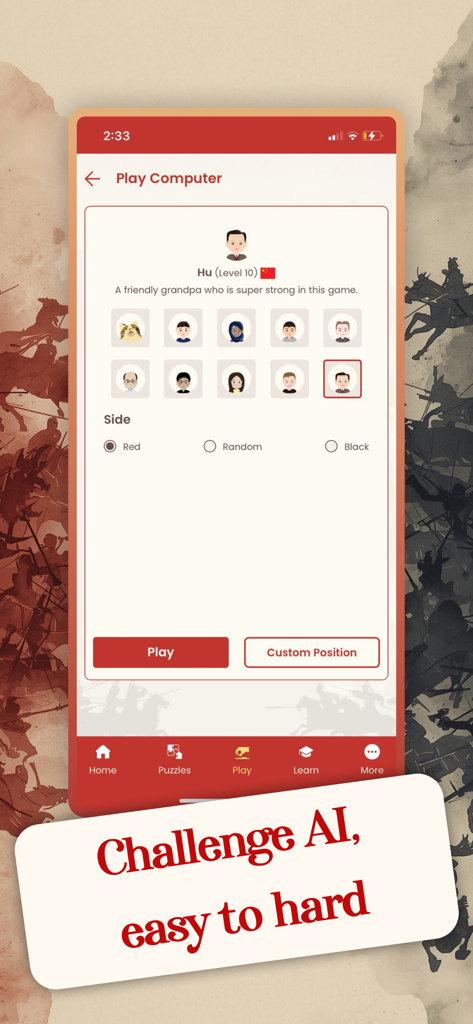 Xiangqi Chinese Chess Online - Pantalla de la aplicación Xiangqi Ajedrez Chino que muestra la selección de la IA de la computadora y los niveles de dificultad.