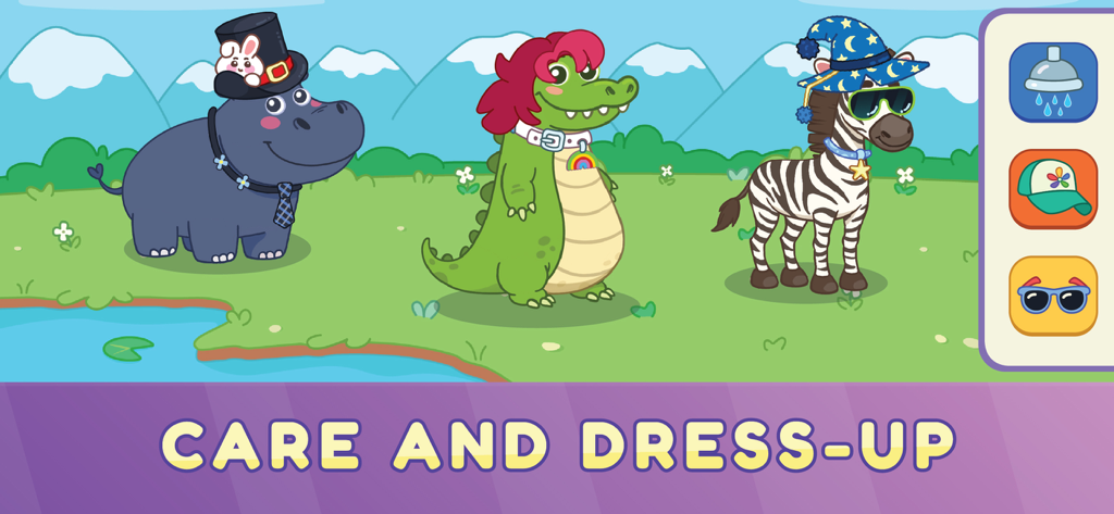A hippo, crocodile, and zebra wearing silly hats and accessories in a care and dress up mini game for toddlers