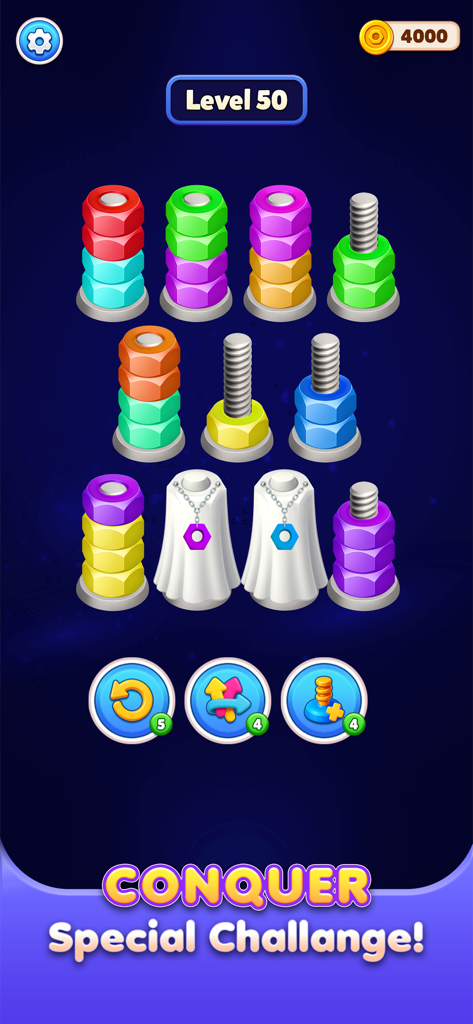 Nut Sort 3D: Color Match - Nivel 50 del juego Nut Sort 3D que muestra un rompecabezas de combinación de colores con mecánicas de desafío especial.