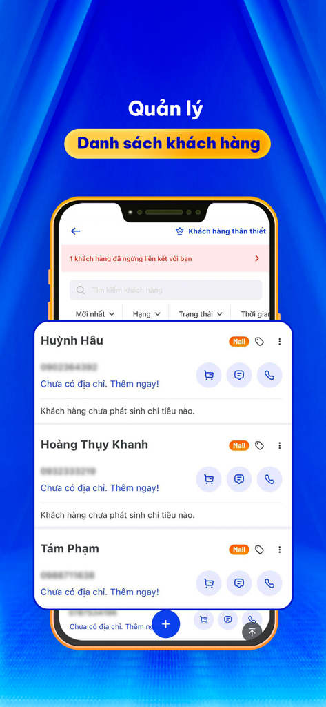 Interface do aplicativo Droppii Biz mostrando uma lista de clientes com botões de contato para gerenciamento de negócios.