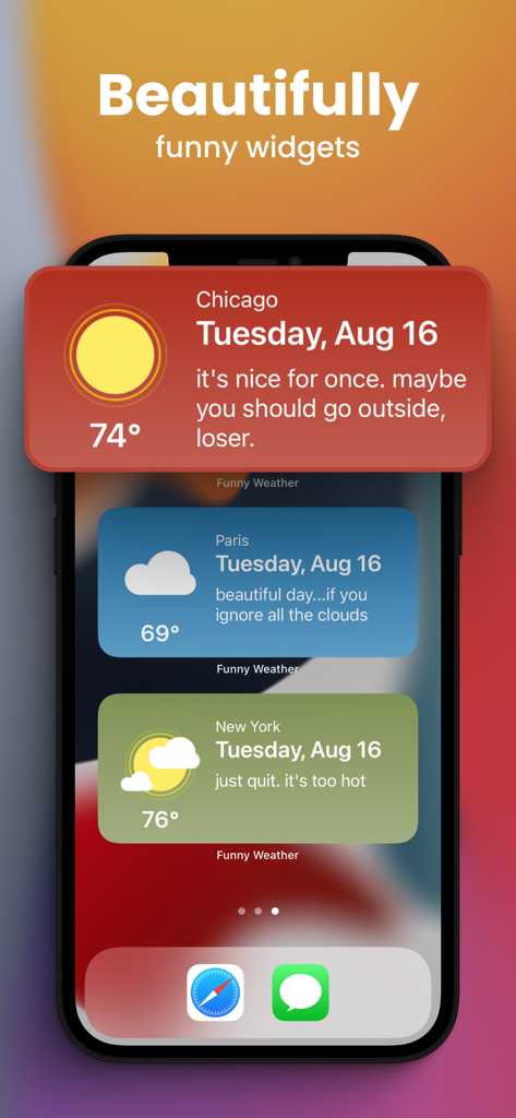 Funny Weather - Rude Forecasts - Sarcastic weather widgets on an iPhone home screen from the Funny Weather app.