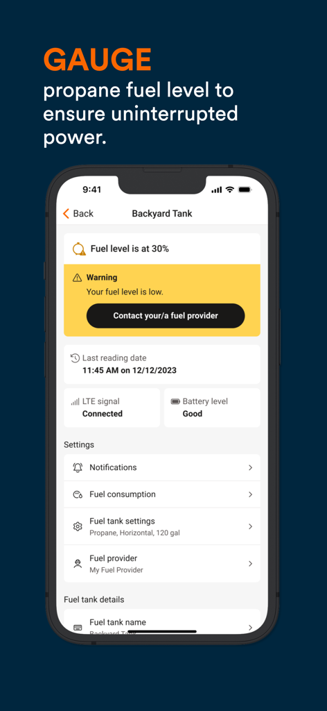Mobile Link for Generators - Mobile Link app interface showing a low propane fuel level warning and fuel provider contact option for a backyard generator tank