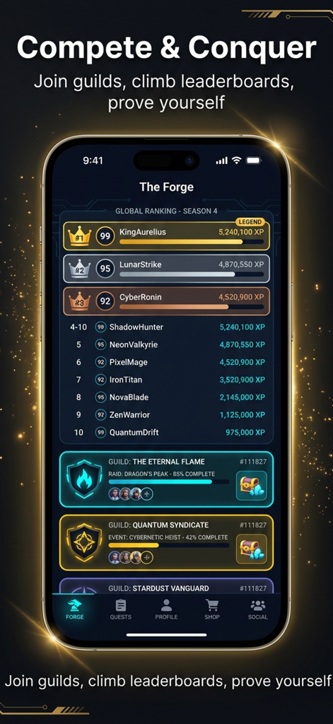 QuestFlow: Life Gamified - QuestFlow app interface showing The Forge with global user rankings and guild quest progress.