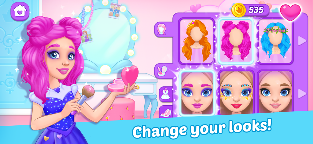 Doll Dream house! Life games! - A princess doll character applying makeup with options for different hairstyles and face looks in a life simulator game