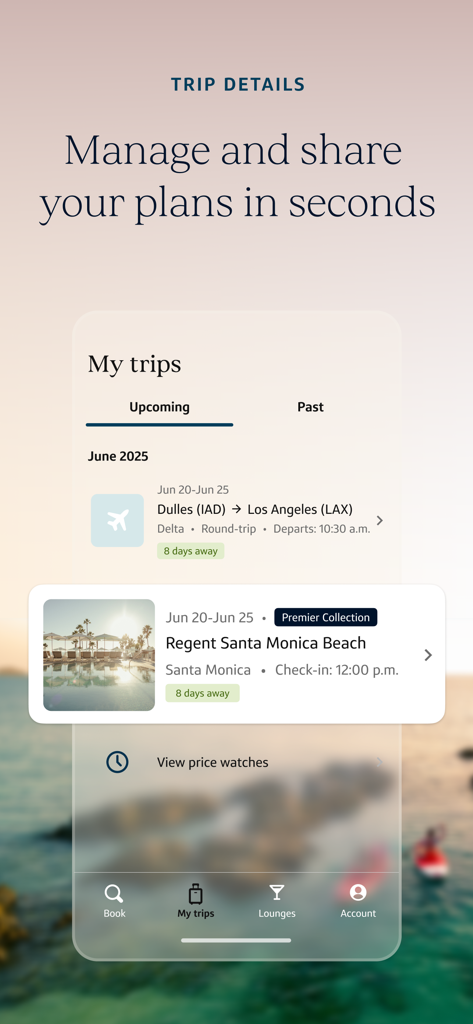 Interface of the Capital One Travel app displaying upcoming flight and hotel booking details for a trip to Los Angeles.