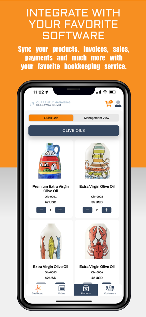 SellAway - SellAway mobile app interface showing a digital product catalog of olive oils with options to sync with bookkeeping software.