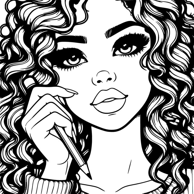 pretty girl with curly hair and lips holding a pencil realistic