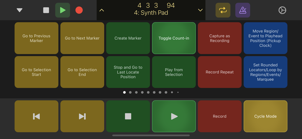 Logic Remote - Logic Remote app interface showing transport controls and customizable key command buttons for music production