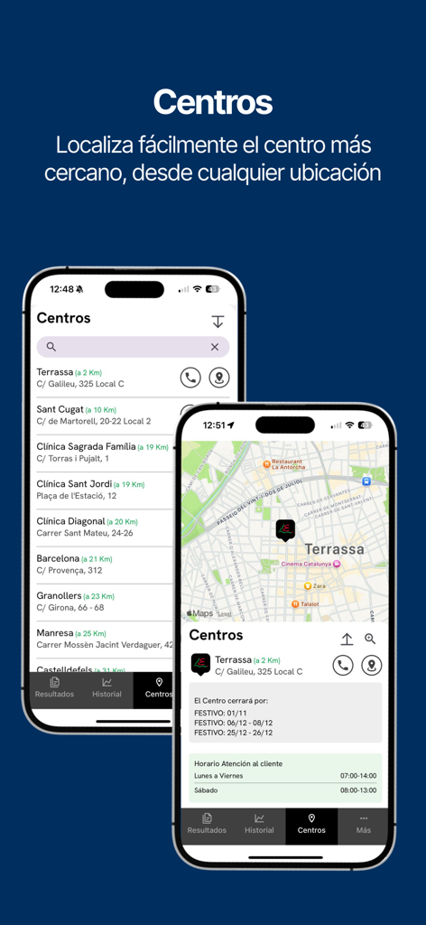 Interface d'application mobile pour la localisation des centres de laboratoires médicaux, avec affichage en liste et sur carte.