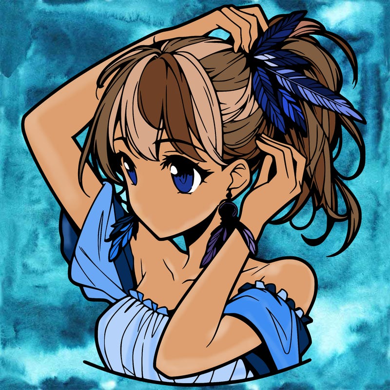 anime girl tucking her hair behind her ear with feathered earrings