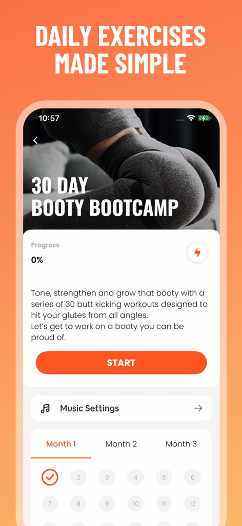 Lose Weight in 30 Days at Home - Interface showing the 30 Day Booty Bootcamp workout program with progress tracking and a start button.