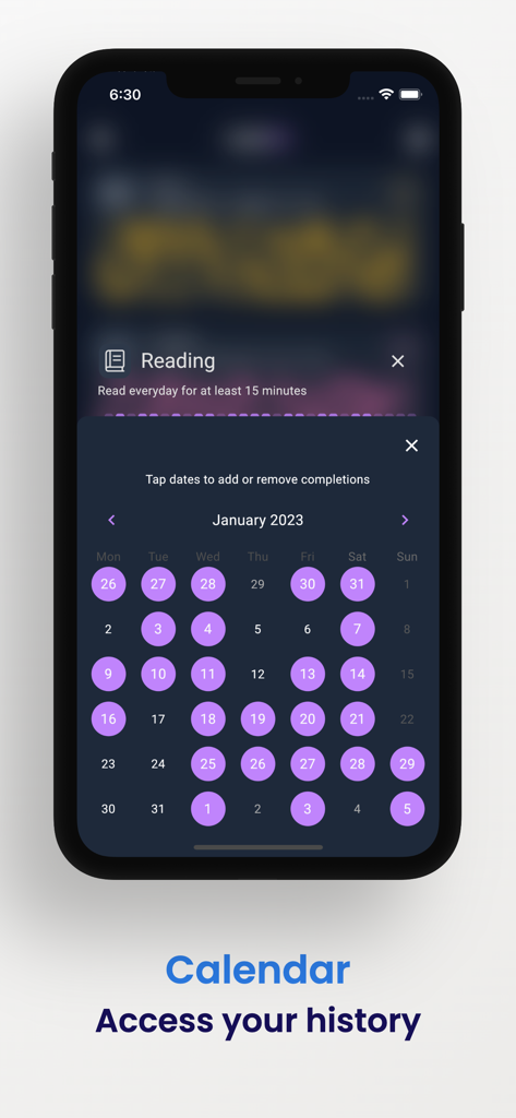 Habit Tracker - HabitKit - Interface de calendrier de l'application HabitKit affichant l'historique d'achèvement des habitudes avec des surlignages violets