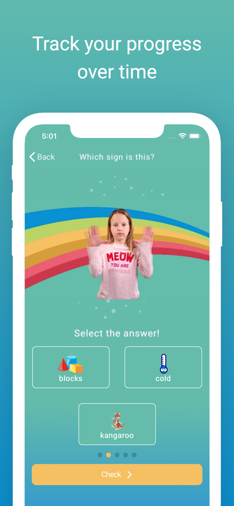 ASL Kids - School - Ein Kind führt eine Gebärdensprachgeste in einem Quiz auf der ASL Kids App aus