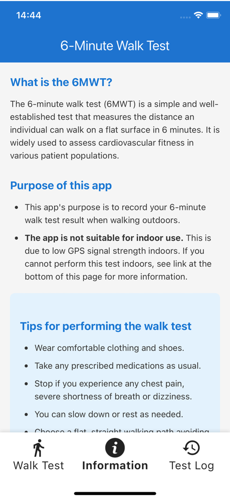 Pantalla de información de la aplicación de prueba de caminata de 6 minutos que proporciona orientación y consejos de seguridad