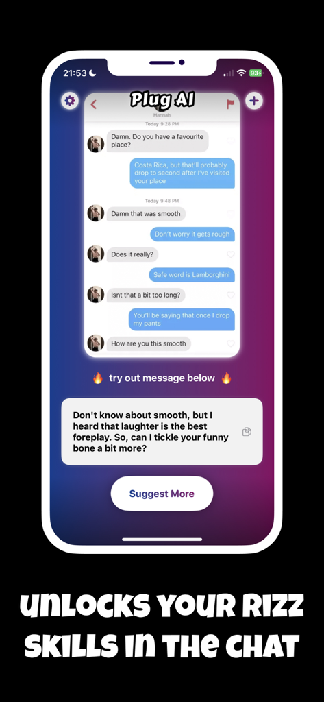 Plug AI: Pick Up Lines & Rizz - A screenshot of Plug AI app suggesting a witty message for a dating chat