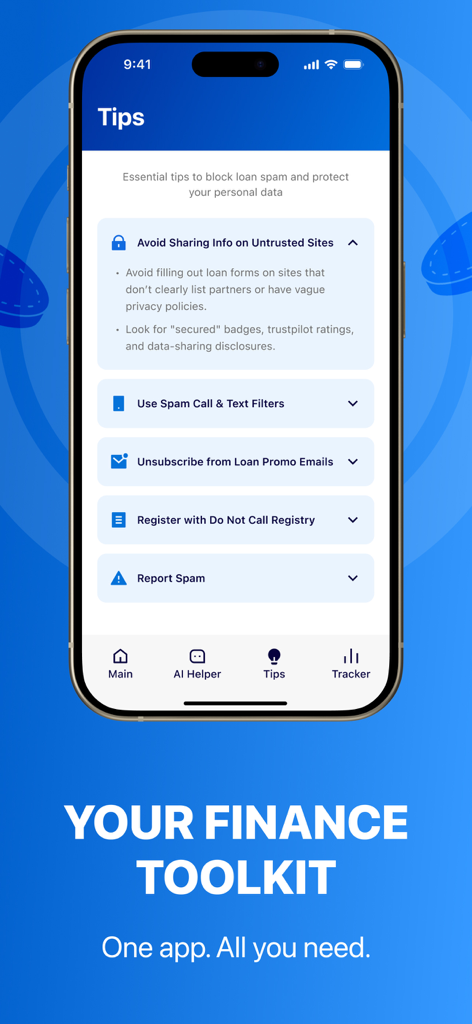 Cash Advance & Borrow by Noble - A mobile screen from the Noble app displaying essential tips to block loan spam and protect personal financial data.