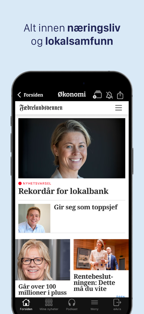 Captura de tela do aplicativo Fædrelandsvennen mostrando a seção de notícias de negócios e da comunidade local em norueguês