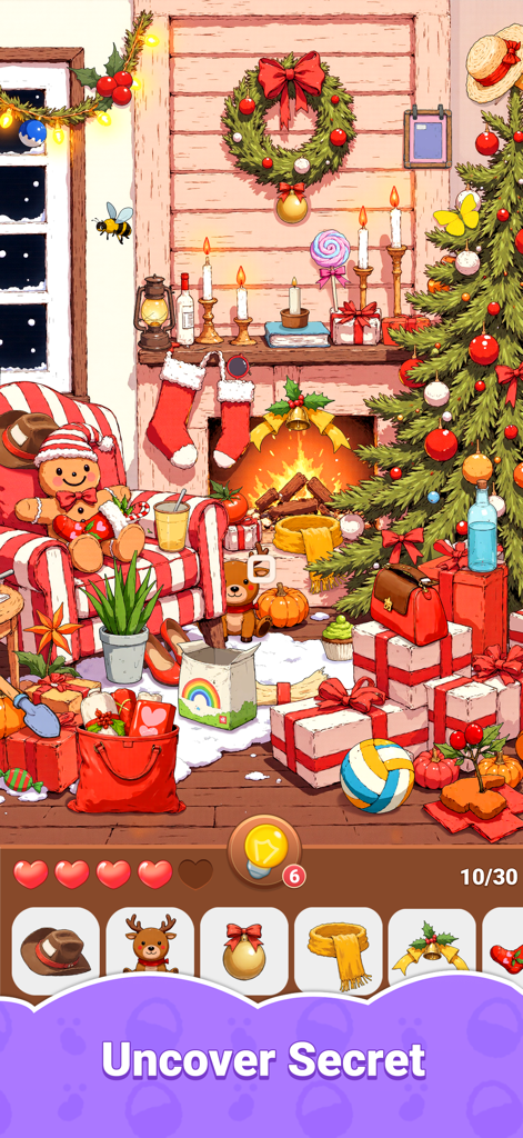 Hidden Quest: Seek & Discover - Una habitación navideña festiva con chimenea y árbol en el juego de buscar y encontrar Hidden Quest.