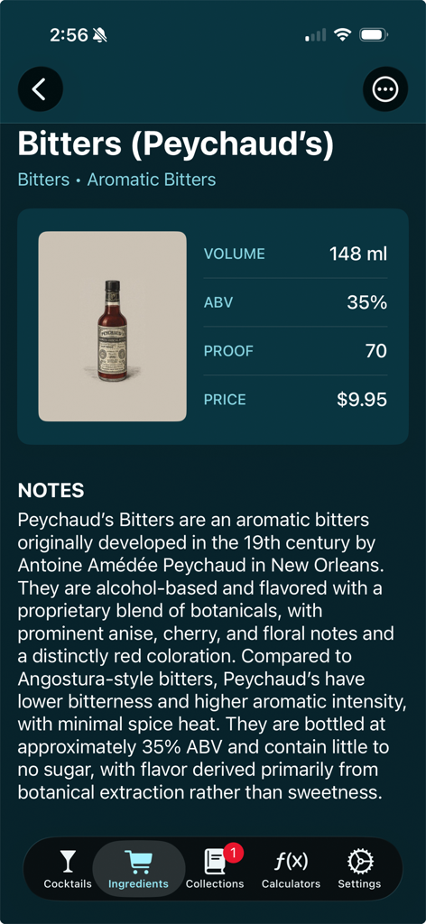 Eine Detailseite für Peychaud's Bitters in der Bevnap-App, die ABV, Preis und beschreibende Notizen anzeigt.