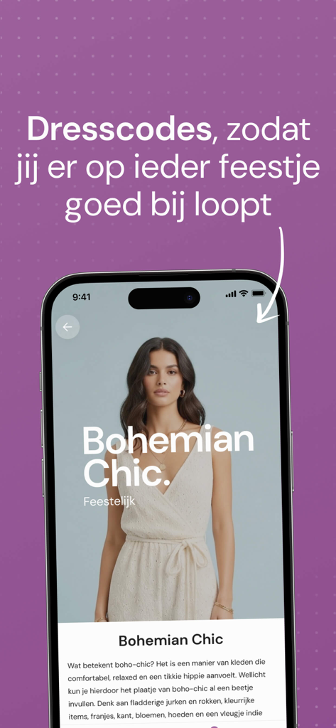 Fashionchick What to Wear - A mobile screen from the Fashionchick app showcasing a Bohemian Chic festive outfit recommendation and style description.