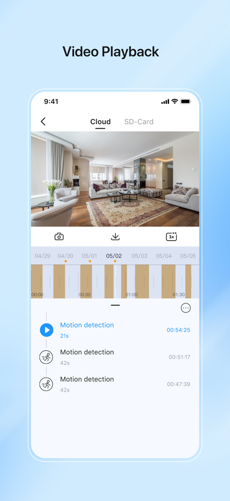 IVY Smart - Tela de reprodução de vídeo do aplicativo IVY Smart mostrando filmagens de segurança doméstica e histórico de detecção de movimento