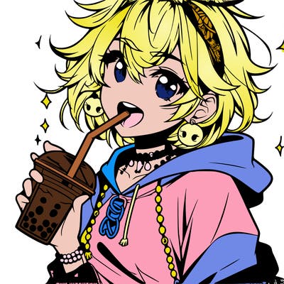 hot baddie anime girl drinking boba and biting the straw