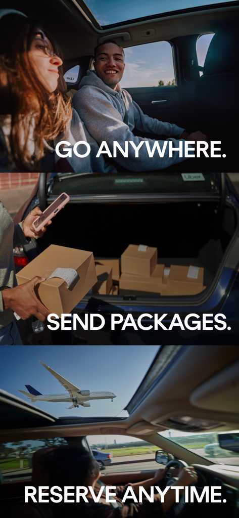 A collage showing people in an Uber car, package delivery services, and a plane viewed through a car sunroof for trip reservations.