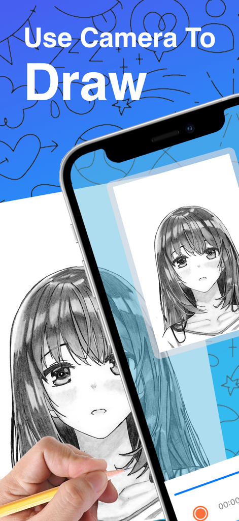 AR Drawing Sketch Painting - A hand tracing an anime character from a smartphone screen onto paper using the AR Drawing app