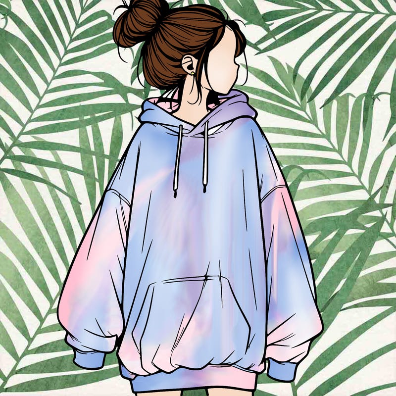 realistic girl with a oversized sweatshirt on and a bun