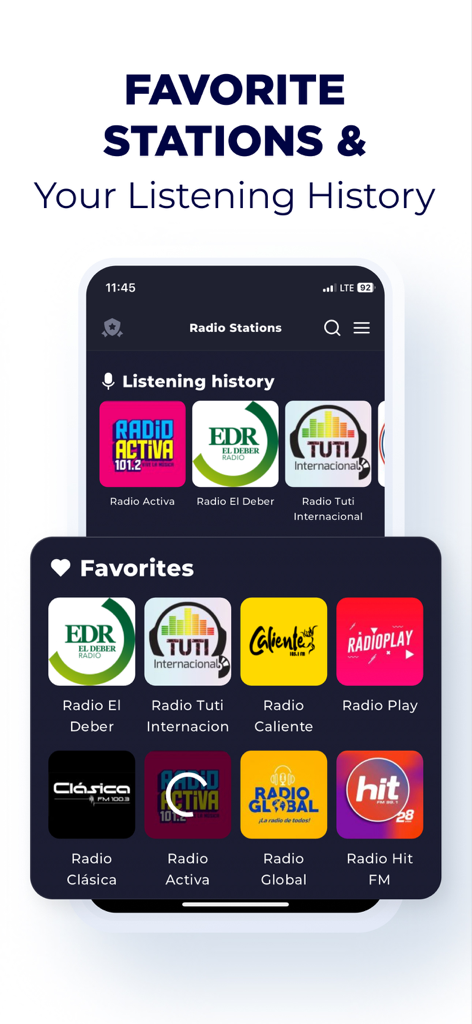 Radio Bolivia - Online Radio - Interface de l'application Radio Bolivia montrant les stations favorites et l'historique d'écoute.