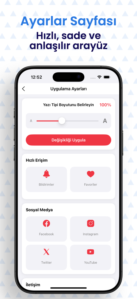 Kamu Personeli Alımı - 글꼴 크기 조정 및 소셜 미디어 링크를 보여주는 Kamu Personeli Alimi 앱의 설정 화면