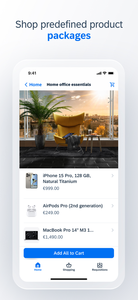 SAP Ariba Shopping - Interfaz de la aplicación móvil SAP Ariba Shopping mostrando un paquete de productos esenciales para la oficina en casa, que incluye un portátil y un smartphone.