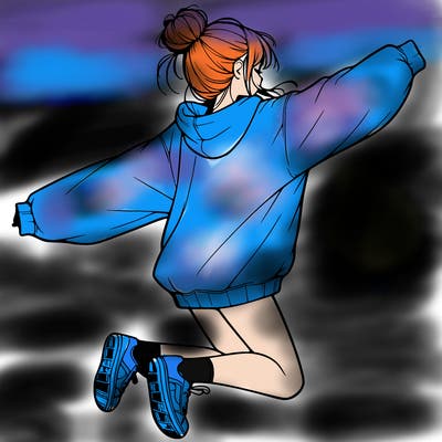 realistic girl jumping with a bun and oversized sweatshirt