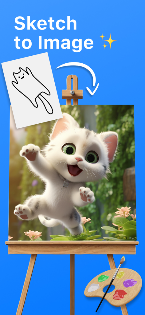 AR Drawing Sketch Paint - Eine einfache Katzenskizze, die auf einer Leinwand in ein realistisches, KI-generiertes Gemälde verwandelt wird