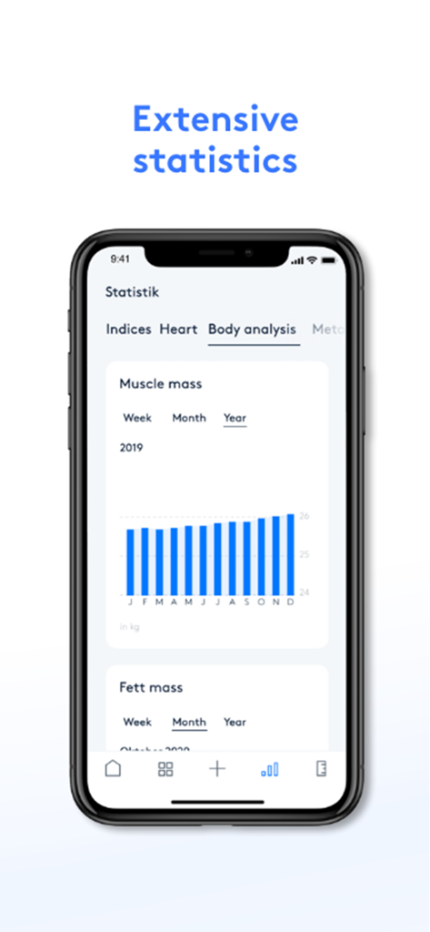Smartphone mit vicoach-App-Körperanalyse-Statistiken und einem Fortschrittsdiagramm der Muskelmasse