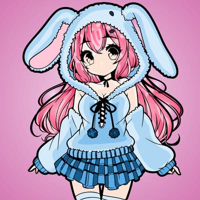 pretty anime girl wearing a fluffy hoodie with bunny ears on the hood and a skirt