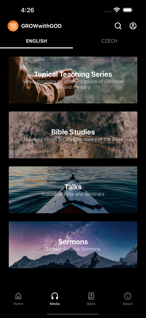 Grow with God app media screen showing categories for teaching series, bible studies, talks, and sermons.