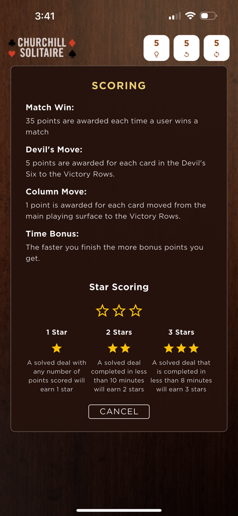 Churchill Solitaire app scoring screen showing points for matches, devil's moves, and time-based star ratings