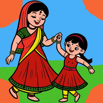 indian mum and 5 year old girl dancing together