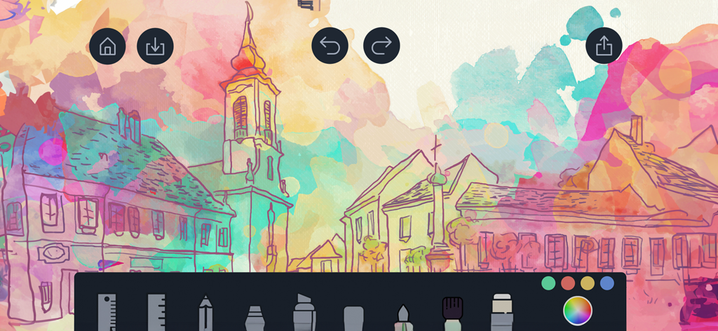 Drawing Pad - - Digital watercolor drawing of a city street inside the Drawing Pad app interface with drawing tools