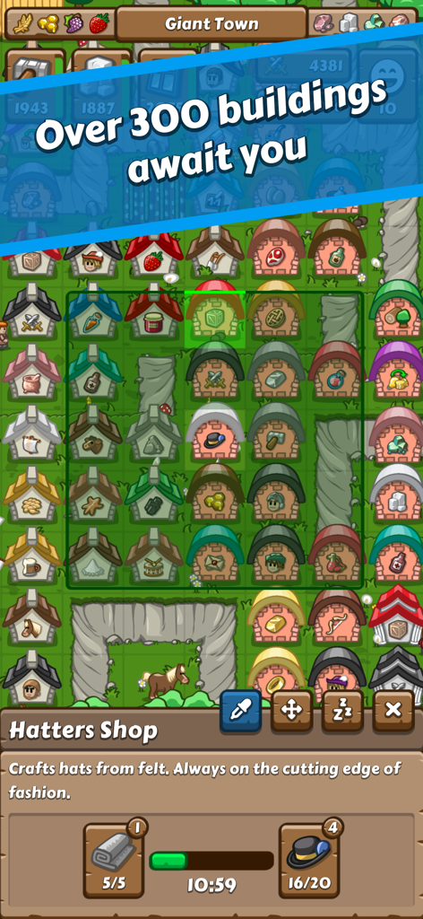 Gameplay screenshot of Paragon Pioneers 2 showing a dense grid of various production buildings and the Hatters Shop management interface.