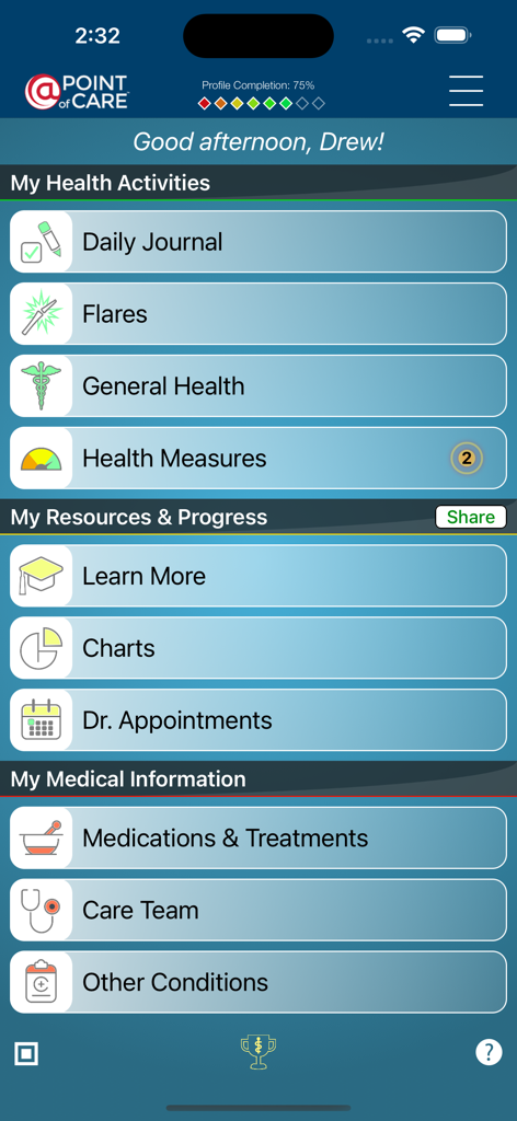 Main dashboard of the RA Manager app showing sections for health activities, resources, progress, and medical information