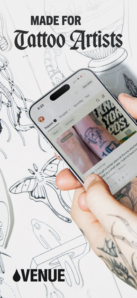 A tattooed hand holding a smartphone showing the Venue Ink booking app interface for tattoo artists