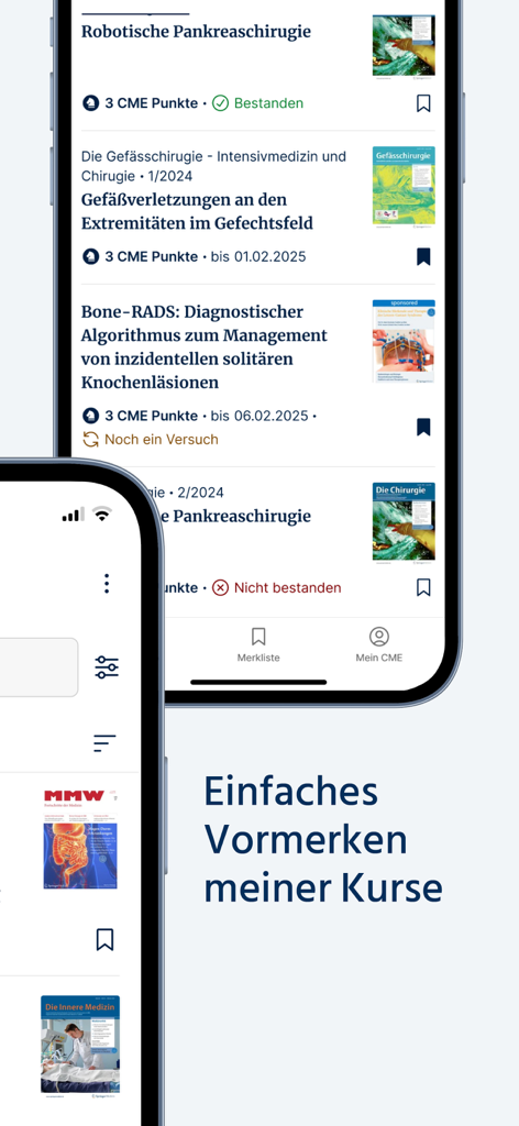 Interface of the CME Springer Medizin app showing a list of medical courses with credit points and completion status