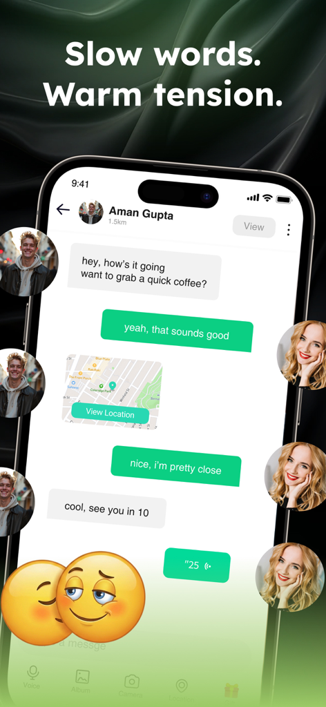 Transgender Dating: Translr - Nachrichtenoberfläche der Translr-App, die zwei Benutzer zeigt, die ein Kaffeedate mit Standortfreigabe planen.