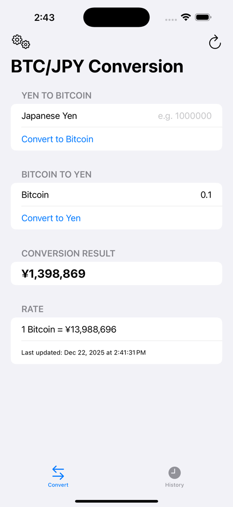 Instant BTC/JPY Calc! - Interfaz de la Calculadora Instantánea BTC JPY que muestra la conversión de Bitcoin a Yen y tasas en tiempo real