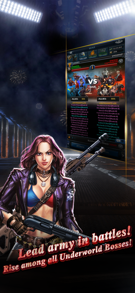 Underworld Empire - Female character with shotgun in Underworld Empire mobile game war screen