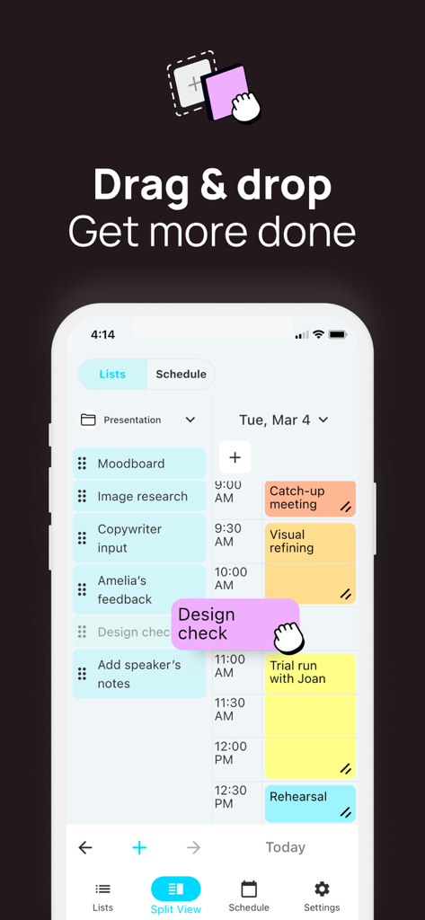 TimeFinder: Time Blocking - A mobile screen showing the TimeFinder app with a task being dragged from a list into a color-coded daily time-blocked schedule